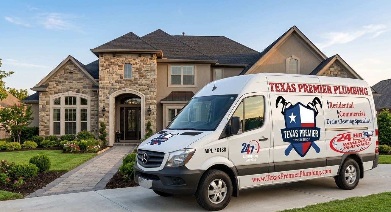 Texas Premier Plumbing service truck on a Houston driveway