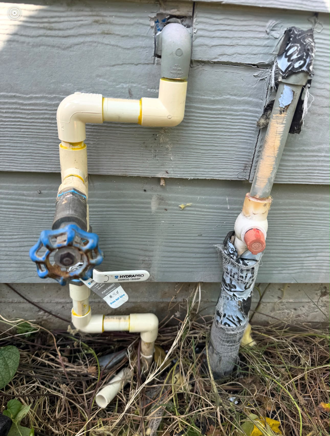 Outdoor water supply repiped in CPVC with a new gate valve and HydraPro brass ball valve at a Houston home