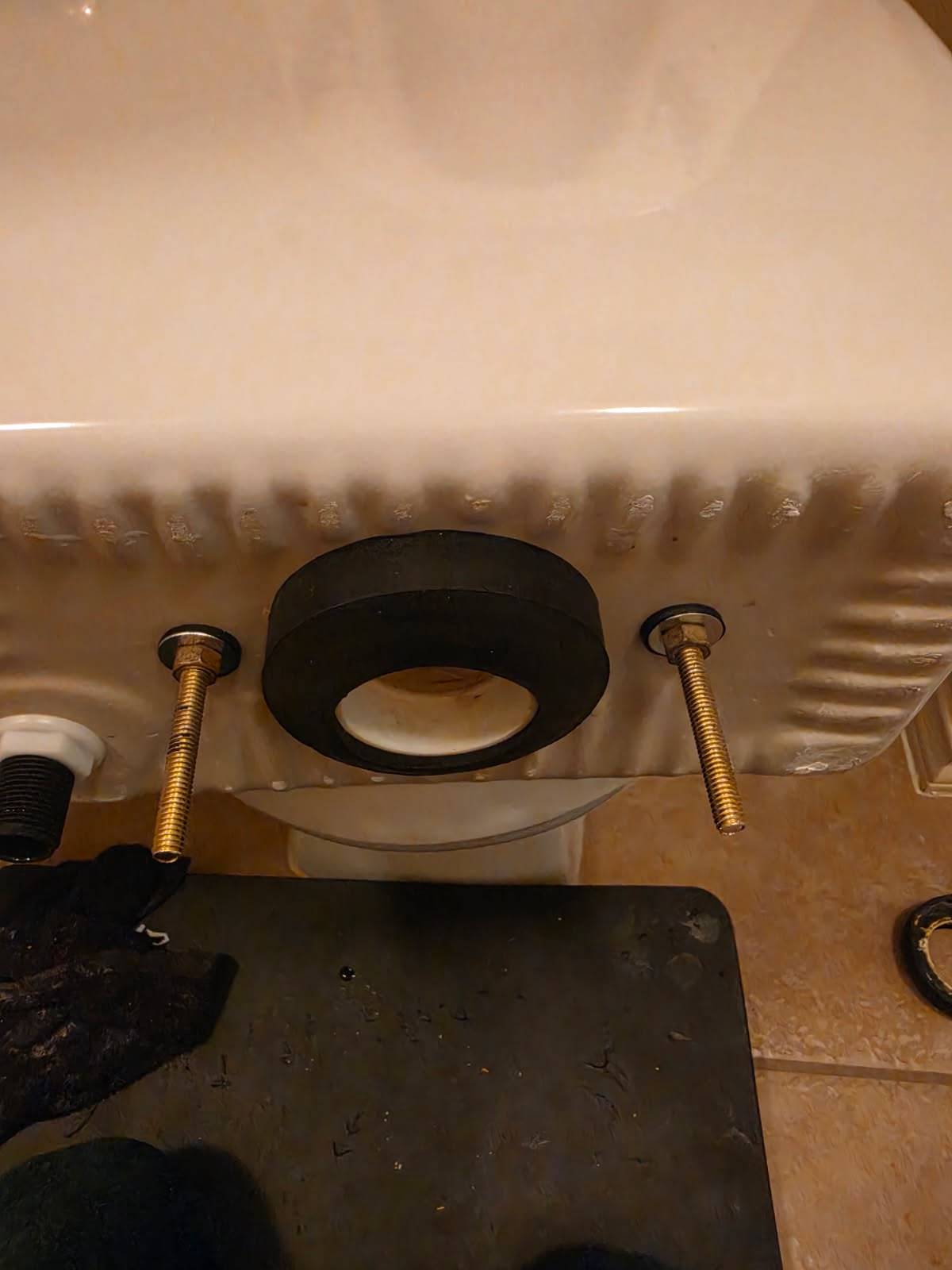New tank-to-bowl sponge gasket and brass bolts on a toilet tank in West University Place Houston 77005